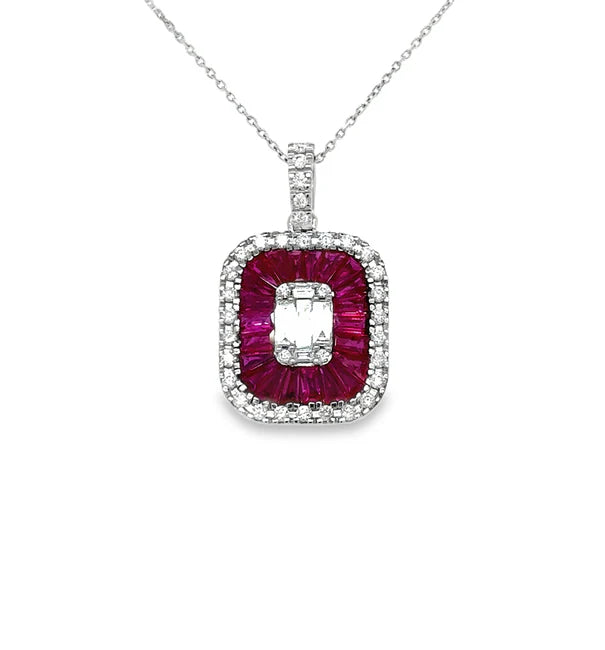 14KT WHITE GOLD RUBY AND DIAMONDS PENDANT