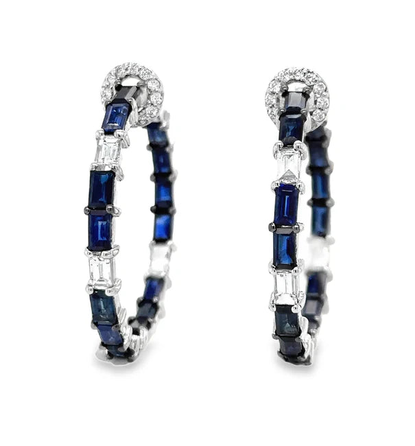 14KT WHITE GOLD SAPPHIRE AND DIAMONDS HOOP EARING