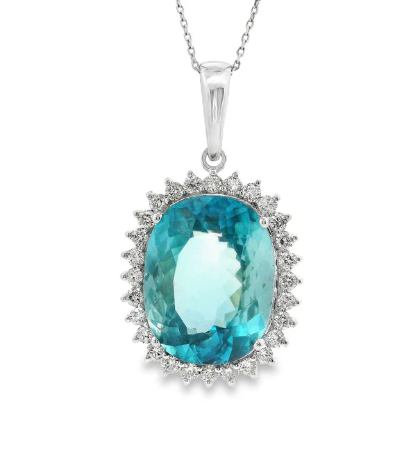 14KT WHITE GOLD PEDANT WITH BLUE ZIRCON AND DIAMONDS