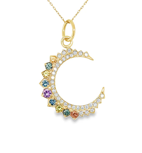 14KT YELLOW GOLD HALF MOON PENDANT WITH MULTI SAPPHIRE AND DIAMONDS