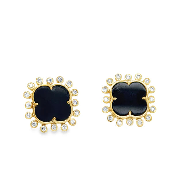 14KT YELLOW GOLD BLACK ONYX AND DIAMONDS CLOVER EARRING