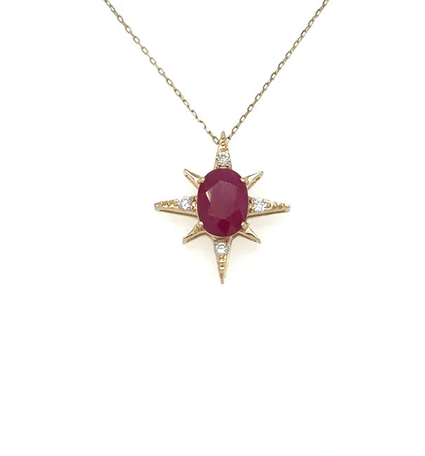 14KT YELLOW GOLD STARBURST PENDANT WITH RUBY AND DIAMONDS