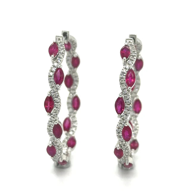18K WHITE GOLD RUBY AND DIAMOND HOOP EARRING