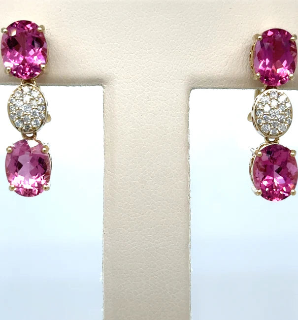 14KT YELLOW GOLD PINK TOURMALINE WITH DIAMONDS EARRING