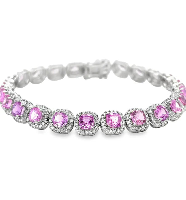 14KT WHITE GOLD DIAMOND PINK SAPPHIRE CUSHION SHAPE BRACELET