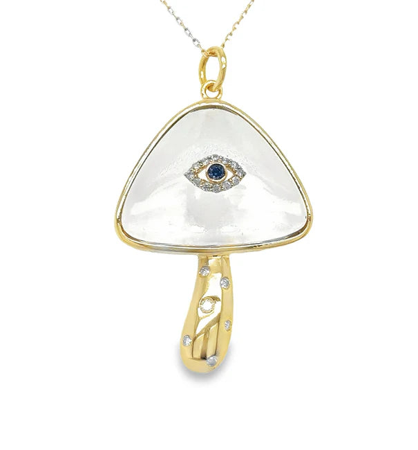 14KT YELLOW GOLD CLEAR QUARTZ MUSHROOM PENDANT WITH DIAMONDS