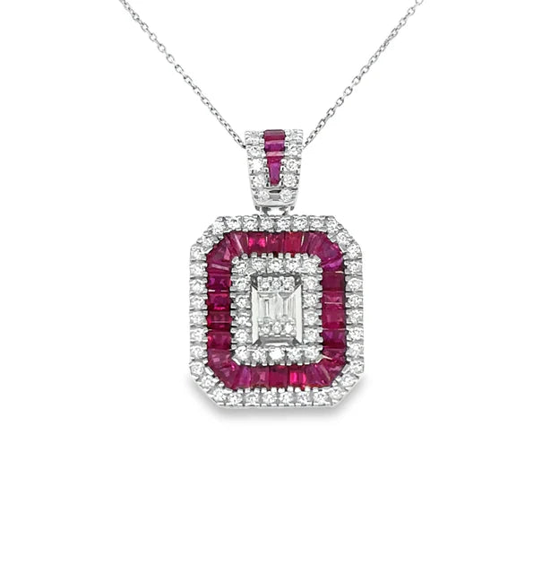 14KT WHITE GOLD RUBY AND DIAMONDS PENDANT