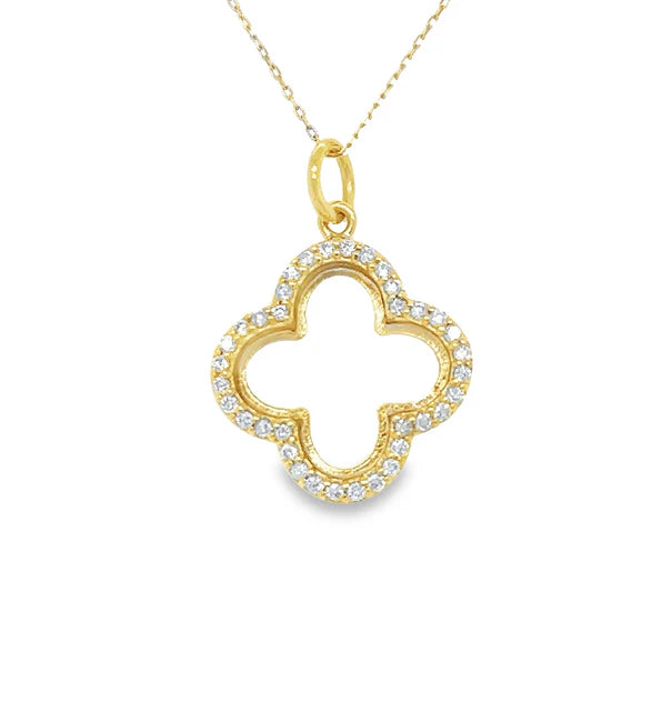 14KT YELLOW GOLD CLEAR QUARTZ CLOVER PENDANT WITH DIAMONDS