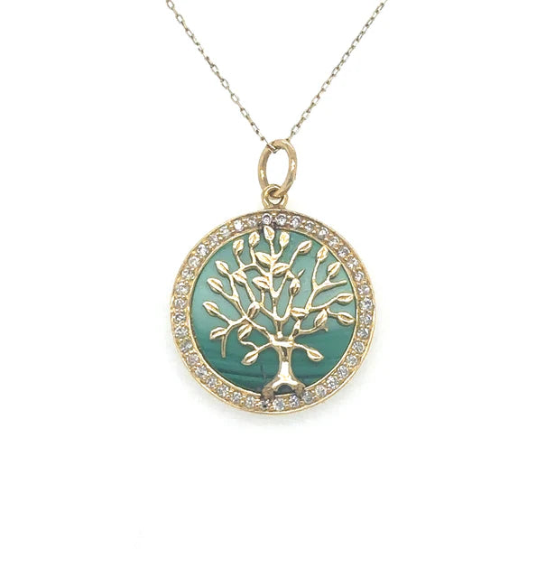 14KT YELLOW GOLD MALACHITE TREE OF LIFE PENDANT WITH DIAMONDS