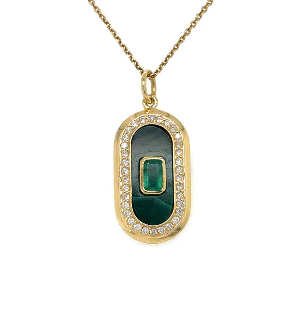 14KT YELLOW GOLD MALACHITE PENDANT WITH EMERALD AND DIAMONDS