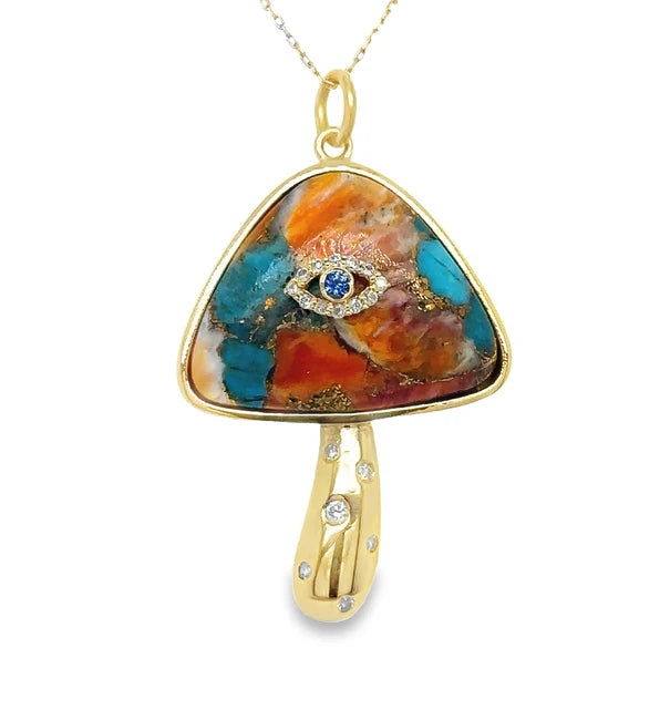 14KT YELLOW GOLD OYSTER TURQUOISE MUSHROOM PENDANT WITH DIAMONDS