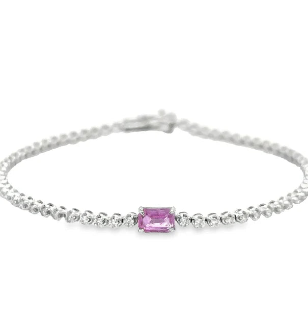 14KT WHITE GOLD PINK SAPPHIRE OCT AND DIAMOND TENNIS BRACELET