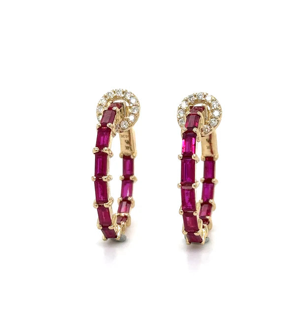 14KT YELLOW GOLD RUBY AND DIAMONDS HOOP EARING