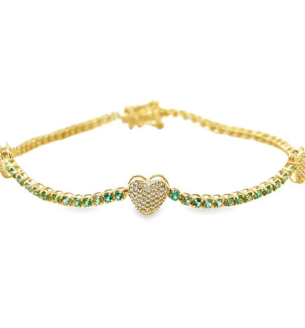 14KT YELLOW GOLD EMERALD AND DIAMONDS HEART TENNIS BRACELET