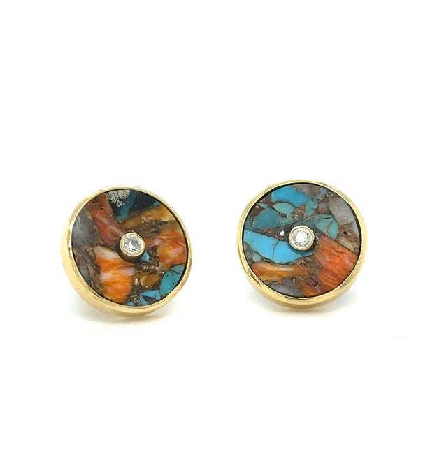 14KT YELLOW GOLD OYSTER TURQUOISE WITH DIAMOND ROUND EARRING