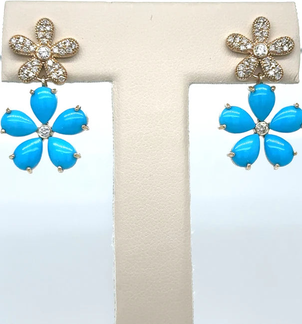14KT YELLOW GOLD TURQUOISE AND DIAMONDS FLOWER EARRING