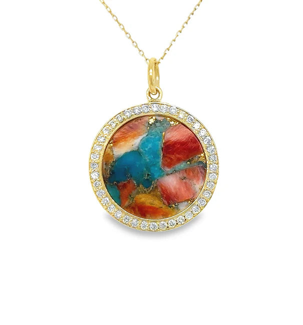 14KT YELLOW GOLD OYSTER TURQUOISE DISK PENDANT WITH DIAMONDS