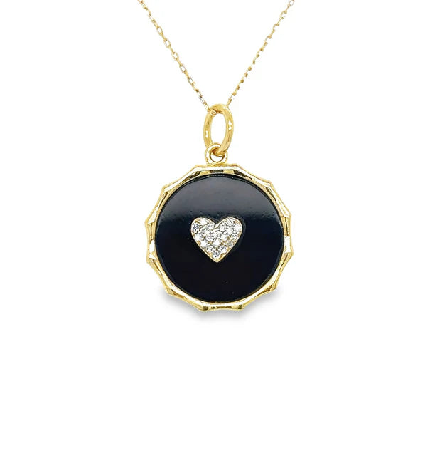 14KT YELLOW GOLD BLACK ONYX HEART PENDANT WITH DIAMONDS