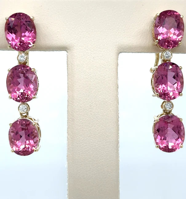 14KT YELLOW GOLD PINK TOURMALINE WITH DIAMONDS EARRING