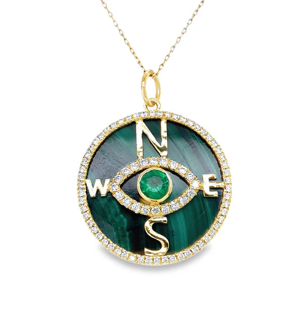 14KT YELLOW GOLD MALACHITE AND EMERALD EVIL EYE COMPASS PENDANT WITH DIAMONDS