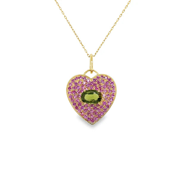 14KT YELLOW GOLD HEART PENDANT WITH PINK AND GREEN SAPPHIRE