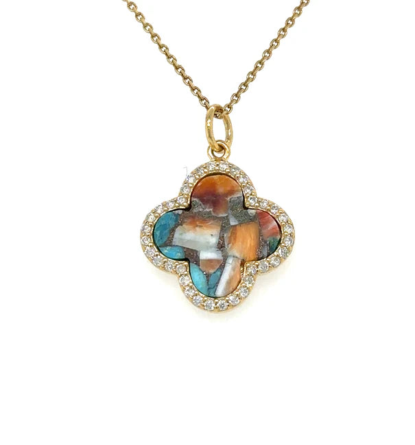 14KT YELLOW GOLD OYSTER TURQUOISE CLOVER PENDANT WITH DIAMONDS