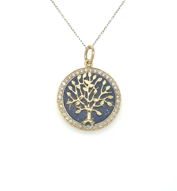 14KT YELLOW GOLD LAPIS TREE OF LIFE PENDANT WITH DIAMONDS