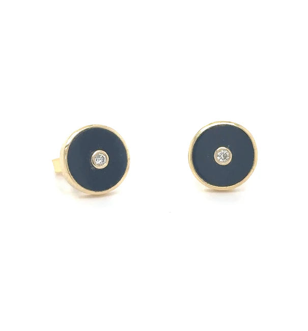 14KT YELLOW GOLD BLACK ONYX WITH DIAMOND ROUND EARRING