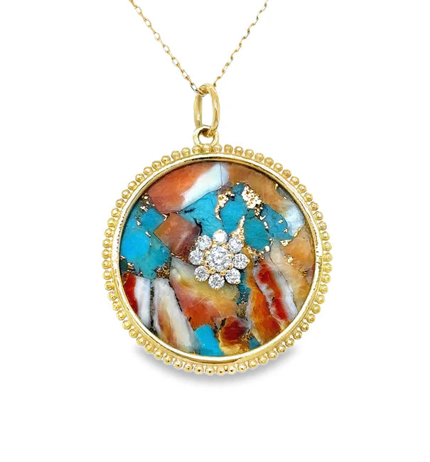 14KT YELLOW GOLD OYSTER TURQUOISE FLOWER PENDANT WITH DIAMONDS