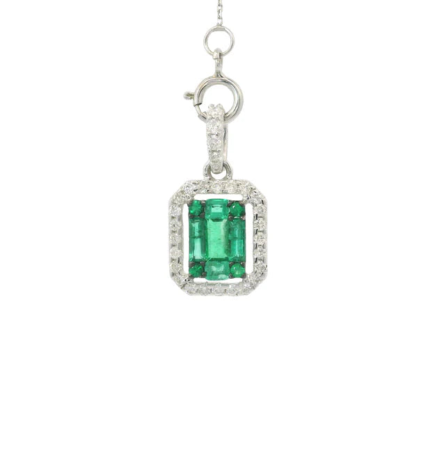18KT WHITE GOLD EMERALD AND DIAMOND HEART SHAPE PENDENT