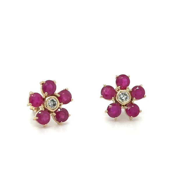 YELLOW GOLD FLOWER EARRING WITH RUBY AND DIAMONDS