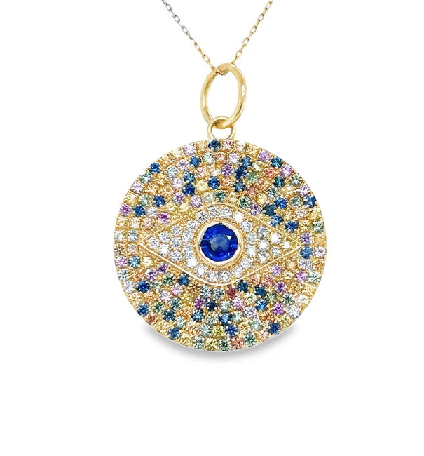 14KT YELLOW GOLD MULTI SAPPHIRE AND DIAMONDS EVIL EYE PENDANT