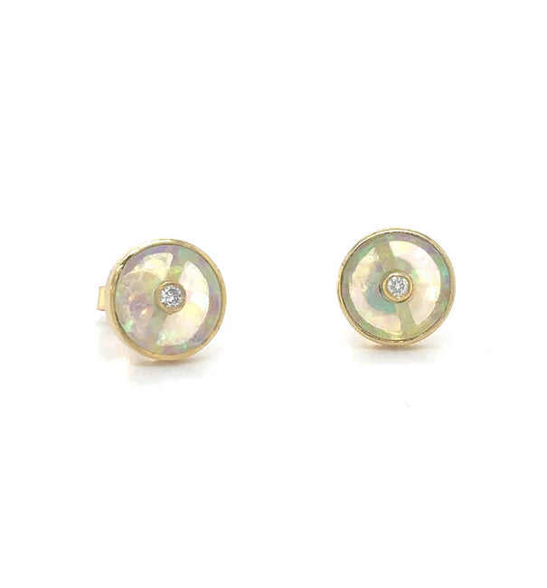 14KT YELLOW GOLD OPAL WITH DIAMOND ROUND EARRING