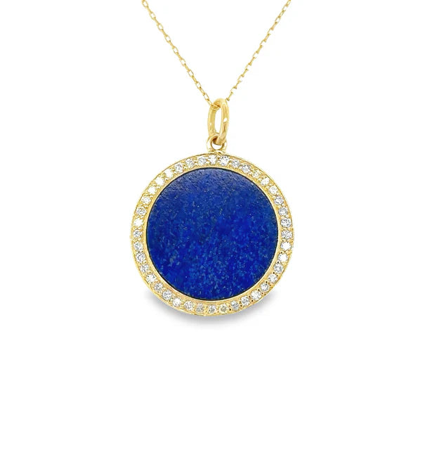 14KT YELLOW GOLD LAPIS DISK PENDANT WITH DIAMONDS