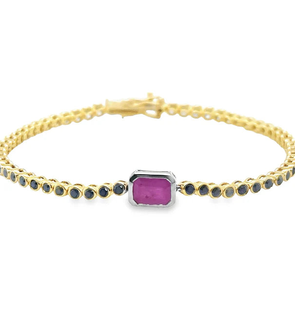 14KT YELLOW GOLD BLACK DIAMOND WITH RUBY OCT. TENNIS BRACELET