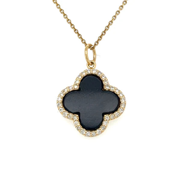 14KT YELLOW GOLD BLACK ONYX CLOVER PENDANT WITH DIAMONDS