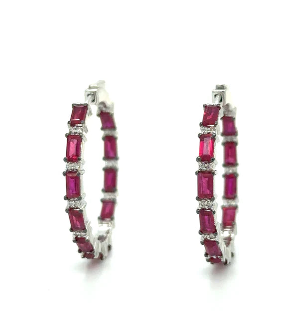 18KT WHITE GOLD RUBY AND DIAMOND HOOP EARRING