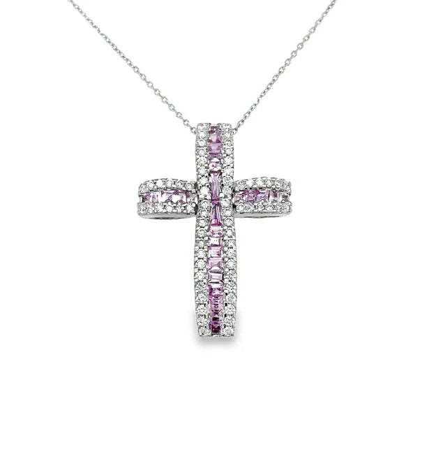14KT WHITE GOLD PINK SAPPHIRE AND DIAMONDS CROSS PENDANT