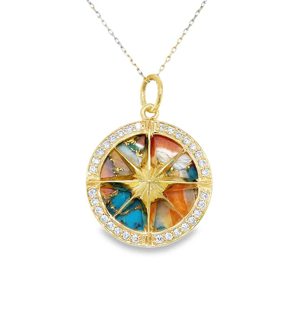 14KT YELLOW GOLD OYSTER TURQUOISE COMPASS PENDANT WITH DIAMONDS