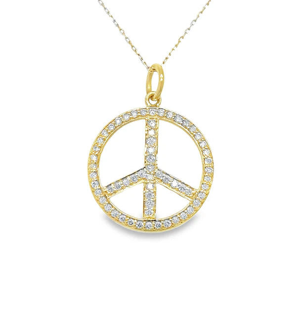 14KT YELLOW GOLD CLEAR QUARTZ PEACE SIGN PENDANT WITH DIAMONDS