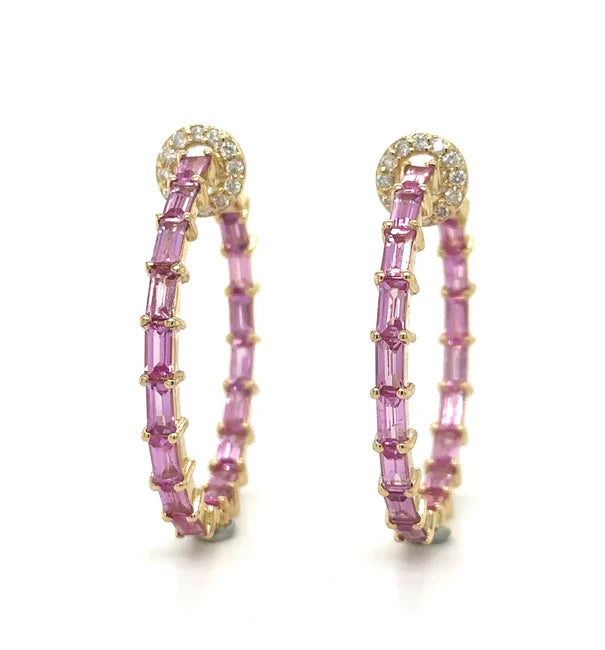 14KT YELLOW GOLD PINK SAPPHIRE AND DIAMONDS HOOP EARING