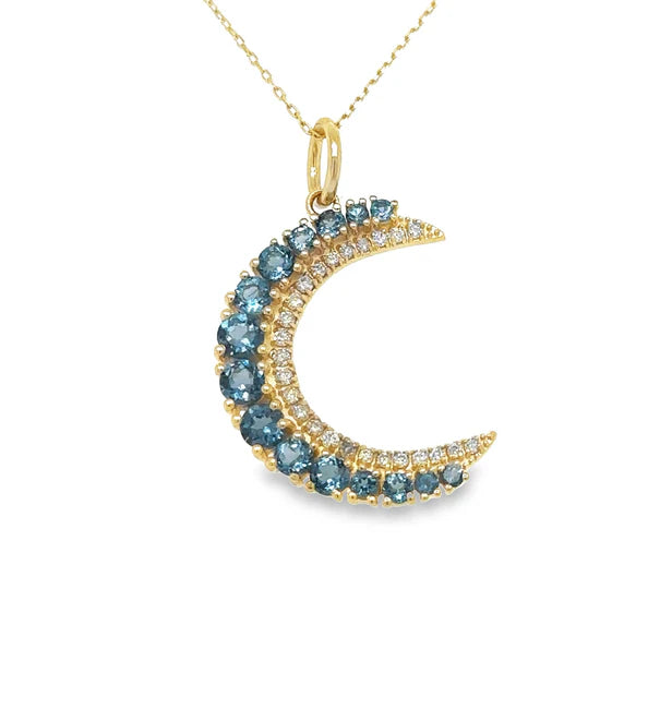 14KT YELLOW GOLD HALF MOON PENDANT WITH TOPAZ AND DIAMONDS