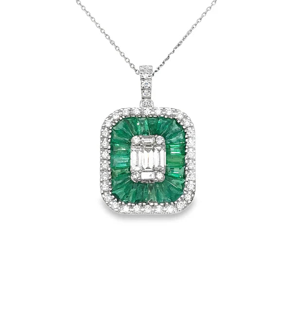 14KT WHITE GOLD EMERALD AND DIAMONDS PENDANT