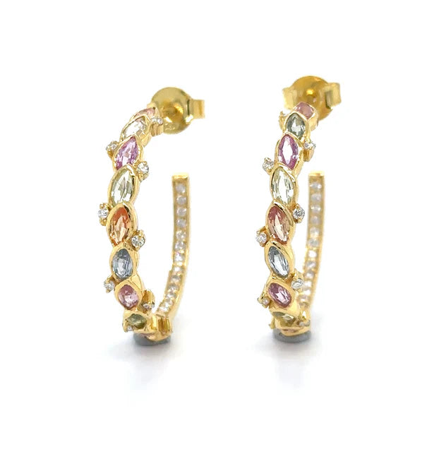 18KT YELLOW GOLD MULTI SAPPHIRE AND DIAMONDS HOOP EARRING