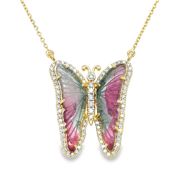 14KT YELLOW GOLD WATERMELON TOURMALINE AND DIAMONDS BUTTERFLY NECKLACE