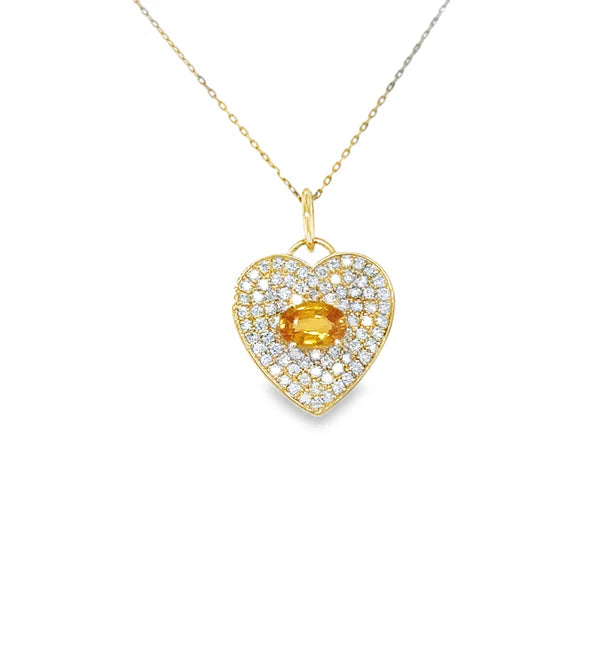 14KT YELLOW GOLD HEART PENDANT WITH ORANGE SAPPHIRE AND DIAMONDS
