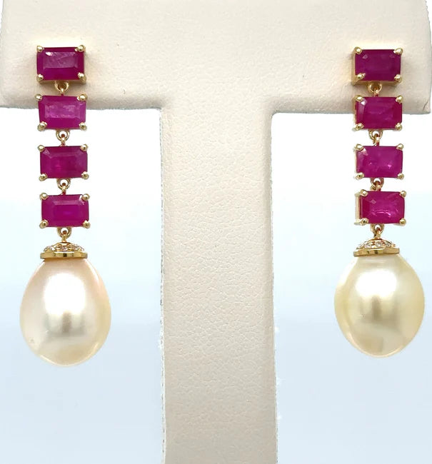 18KT YELLOW GOLD FRESH WATER PEARL, RUBY AND DIAMOND EARRING