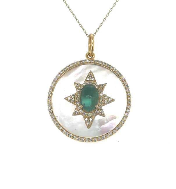 14KT YELLOW GOLD MOTHER OF PEARL AND EMERALD PENDANT WITH DIAMONDS