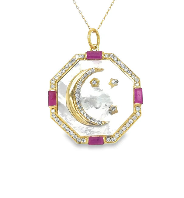 14KT YELLOW GOLD STAR MOON MOTHER OF PEARL PENDANT WITH DIAMONDS