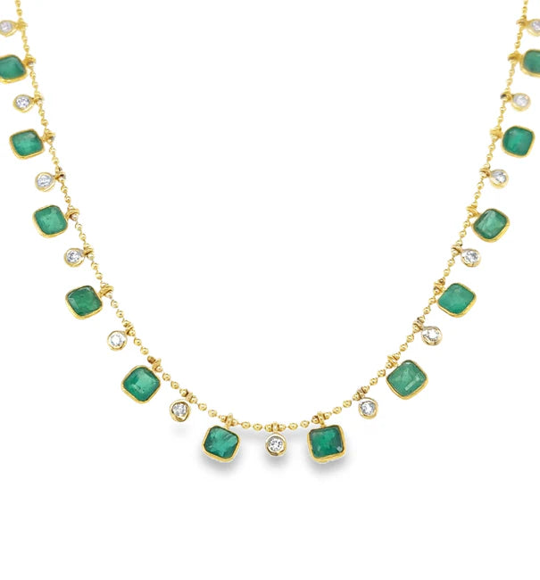 14KT YELLOW GOLD EMERALD AND DIAMOND DANGLING NECKLACE
